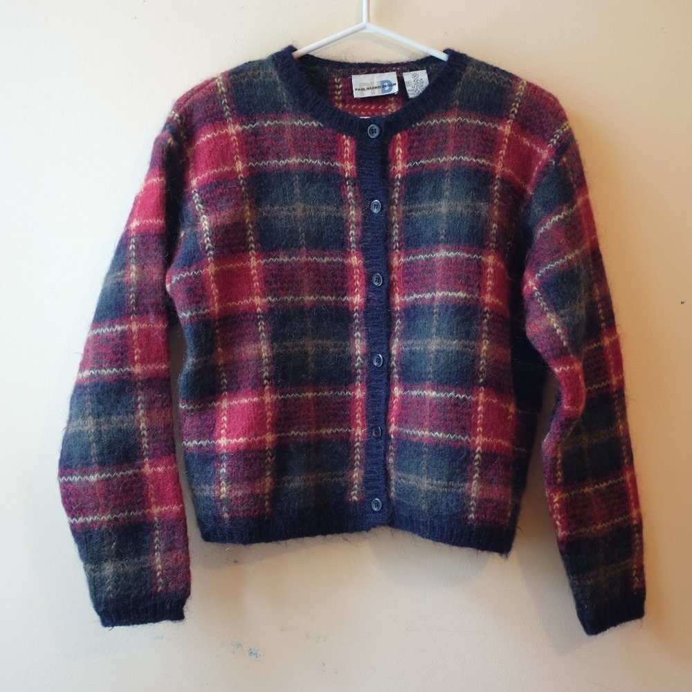 Plaid Button-Front Wool Blend Cardigan - Red & Navy